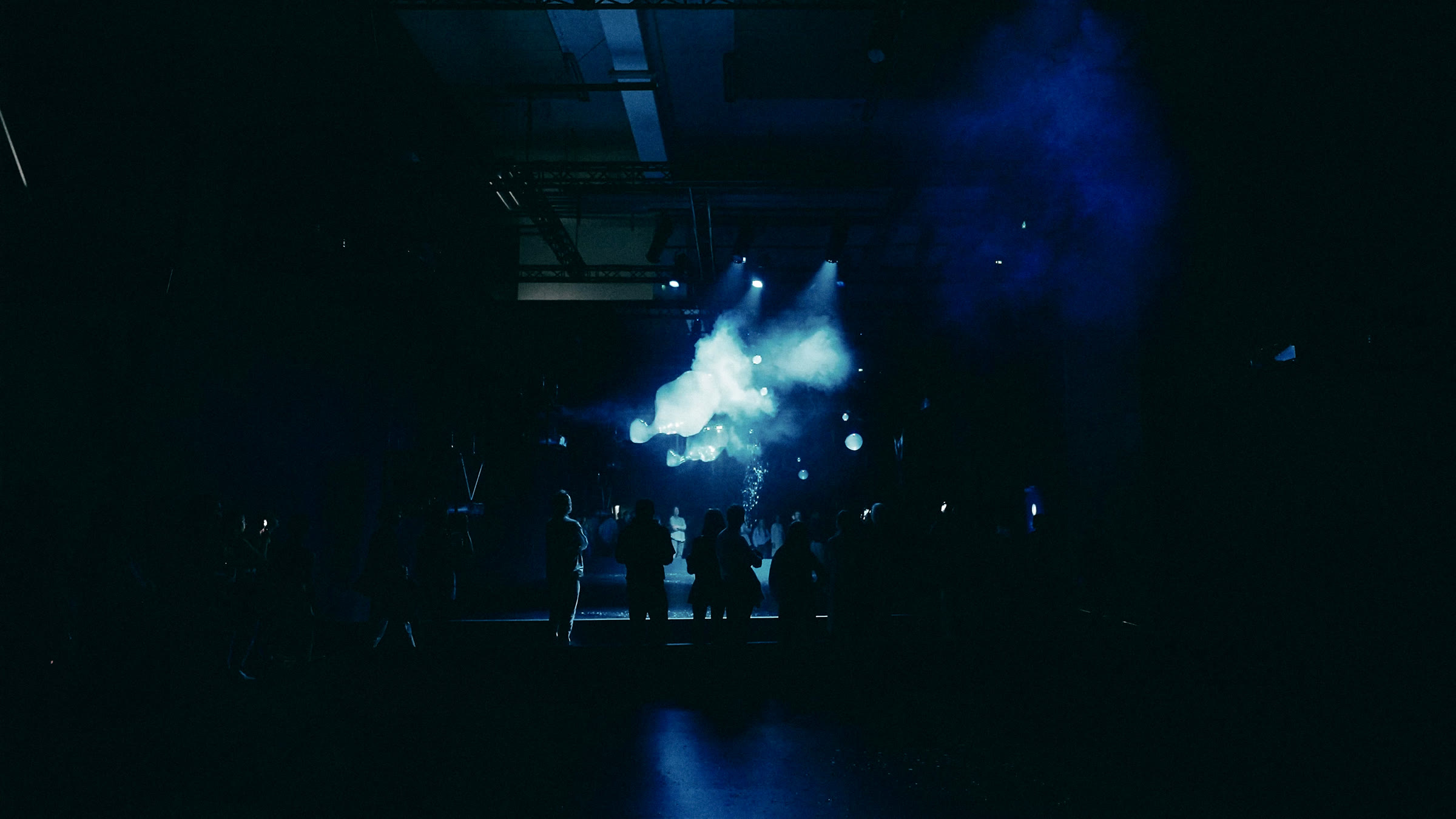 A blue work in the dark exhibition hall
