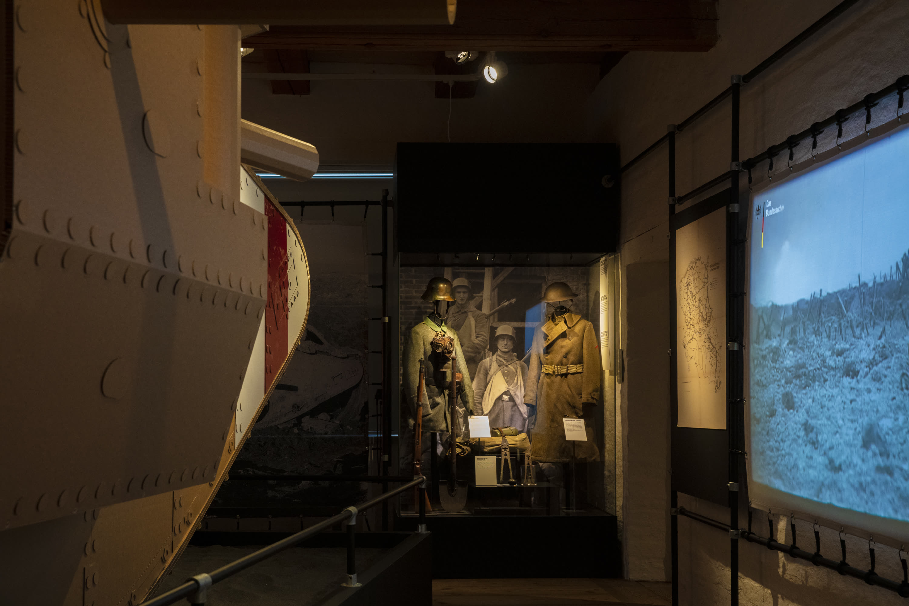 A film screen in the passage next to the tank