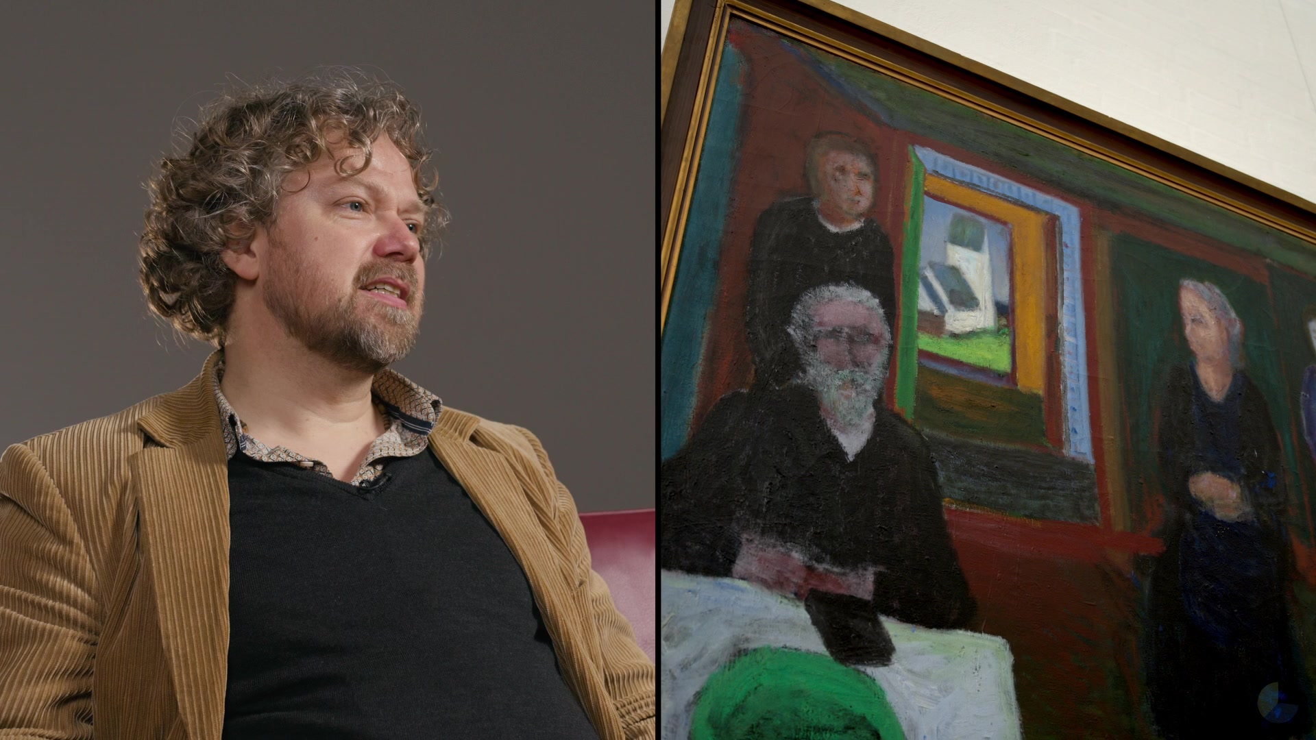 A participant next to a portrait painting