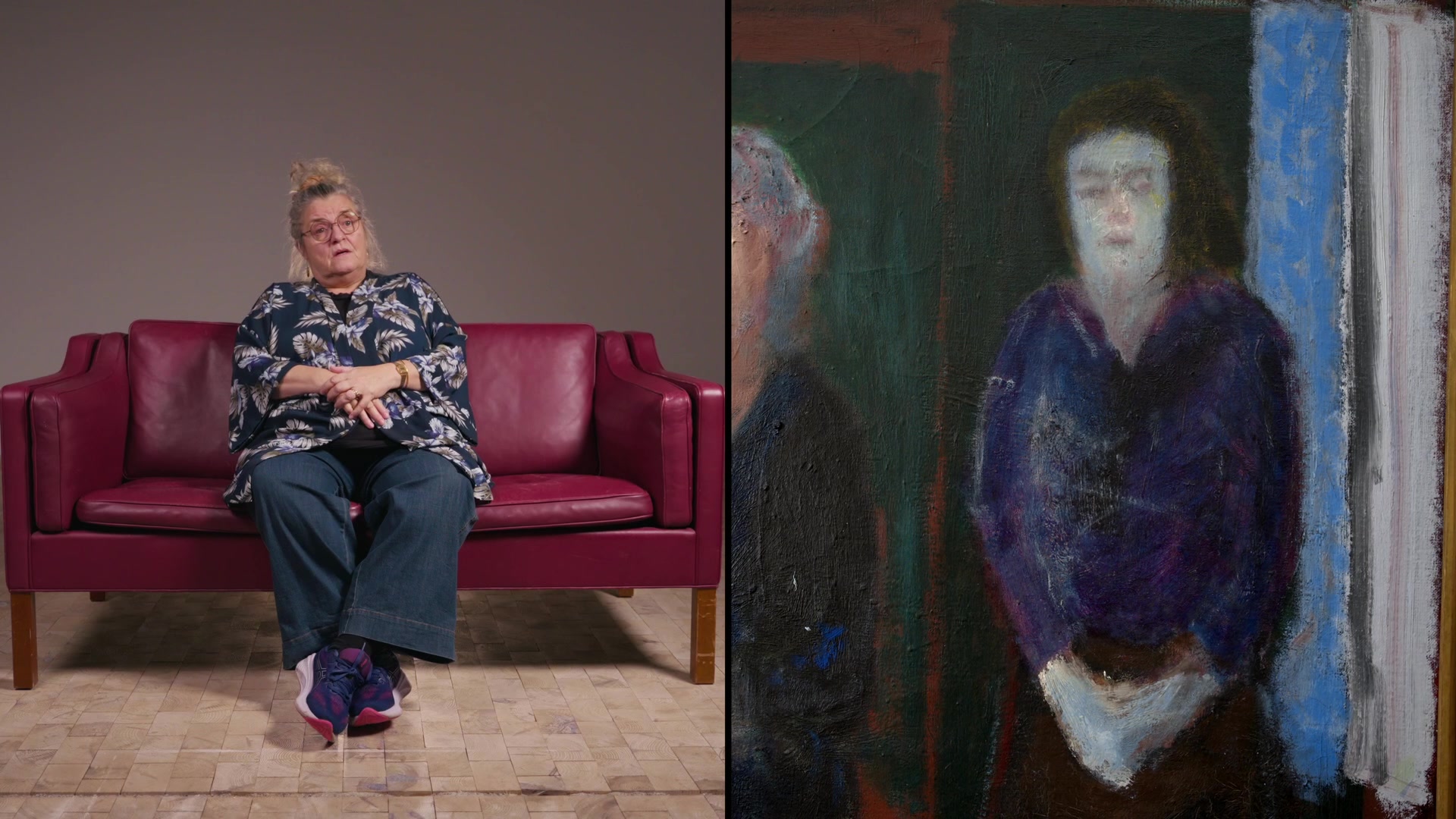 A participant on the sofa next to a painting