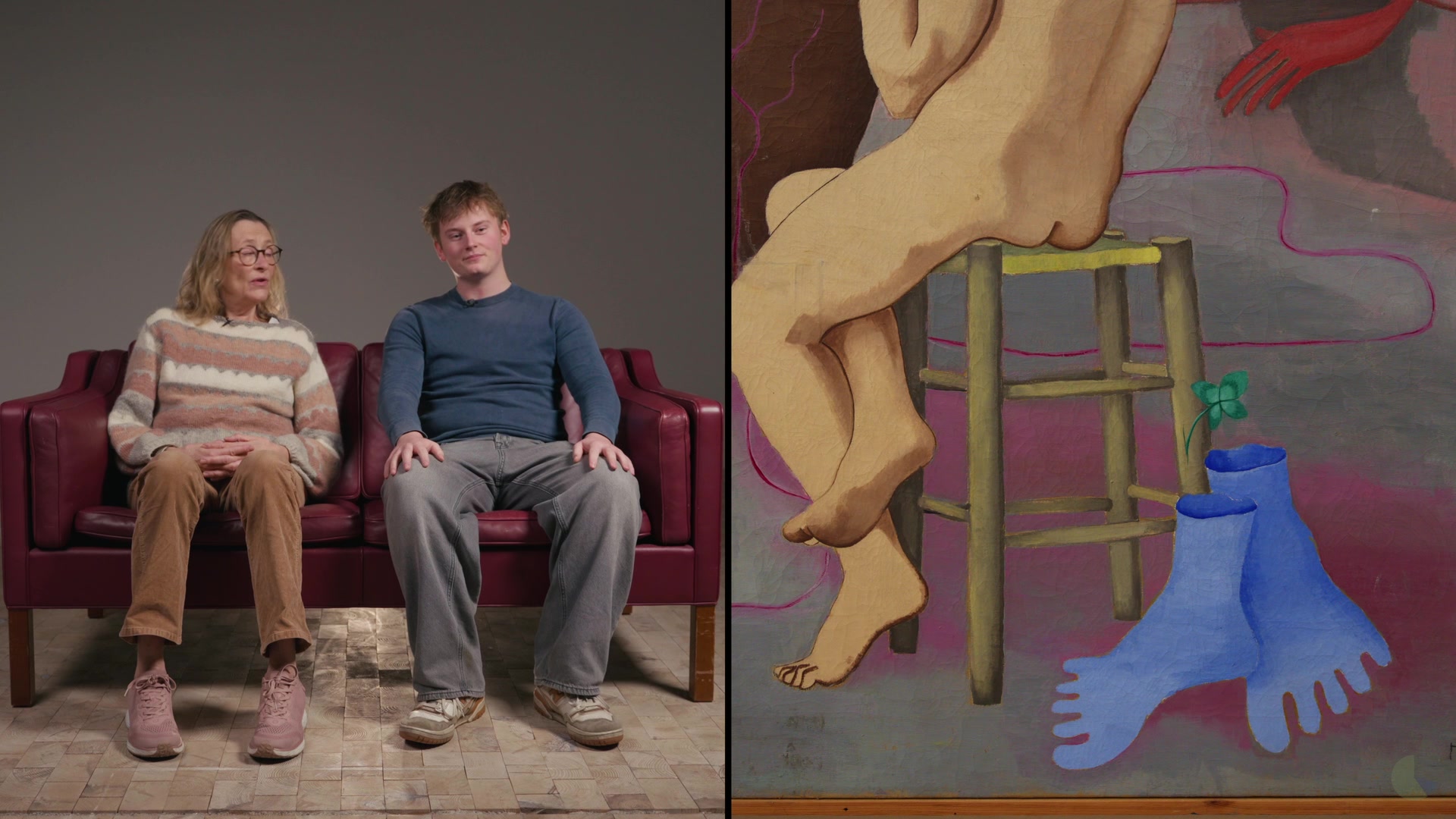 Two generations on the sofa, next to a surrealist painting